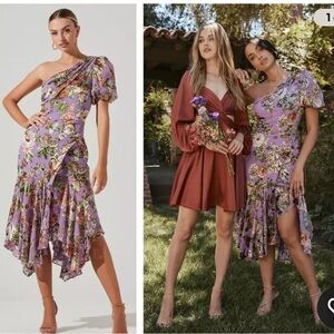 NWT Astr Santorini Floral One Shoulder Midi Purple Dress size Medium reg $168